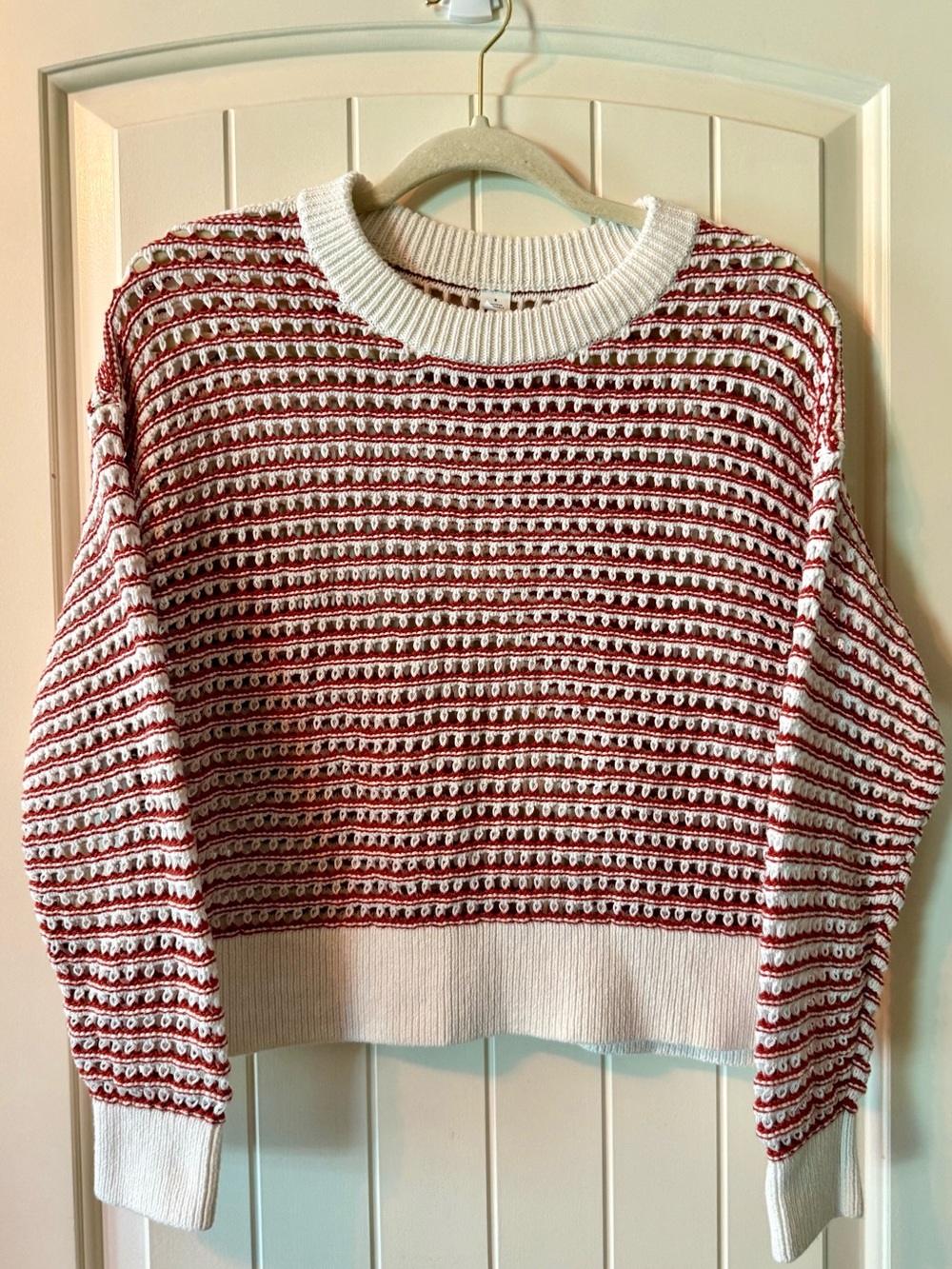 White and Red Striped Knit Crewneck Sweater 100% cotton